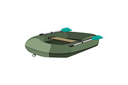 Inflatable dark green boat with two paddles and seat, vector