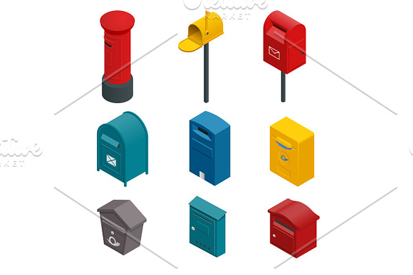 Isometric set of a post box or written postbox, collection box, mailbox, letter box or drop box. Flat vector colourful collection isoleted on white.