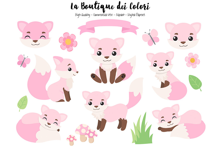 Pink Fox Clipart in Illustrations - product preview 8