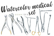 Watercolor medical surgery tools set