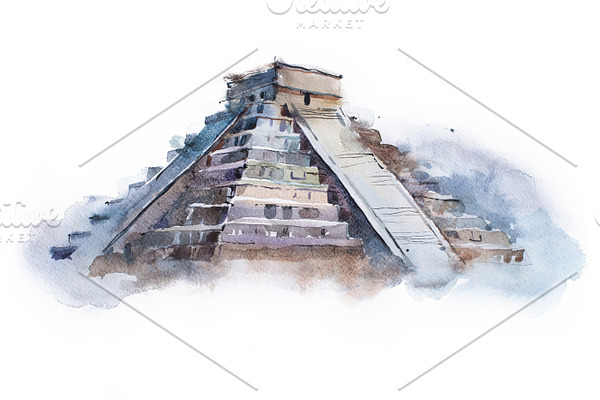 pyramid Chichen Itza in Mexico watercolor drawing. Temple of Kukulkan aquarelle painting