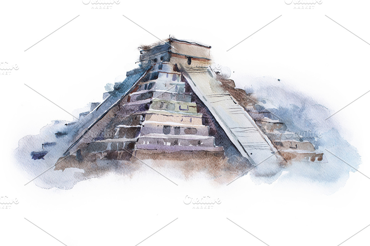 pyramid Chichen Itza in Mexico watercolor drawing. Temple of Kukulkan aquarelle painting in Illustrations - product preview 8
