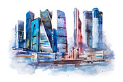 watercolor drawing of Moscow city. International Business Center aquarelle painting