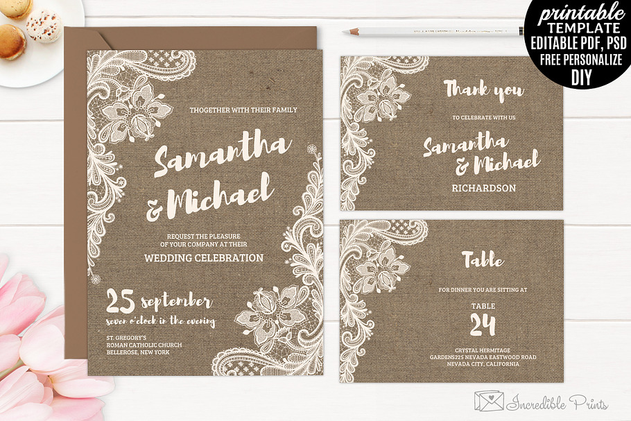 Burlap and Lace Wedding Invitation in Card Templates - product preview 8