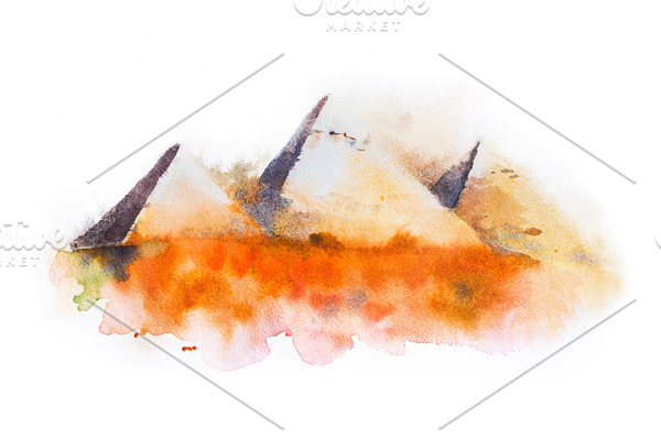 watercolor drawing of Giza Pyramids, Queens Pyramids in Egypt
