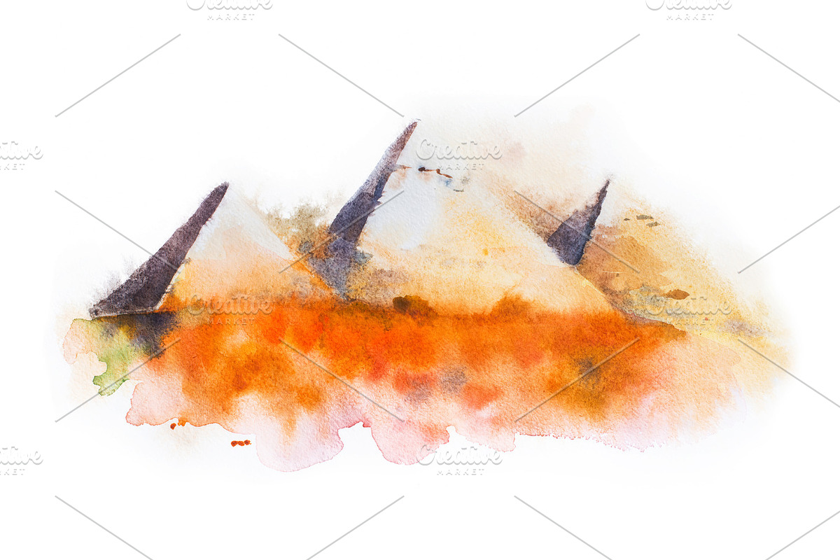 watercolor drawing of Giza Pyramids, Queens Pyramids in Egypt in Illustrations - product preview 8