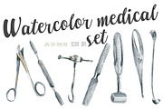 Watercolor medical surgery tools set