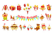 Cute Birthday Party Celebration Related Objects Characters Set