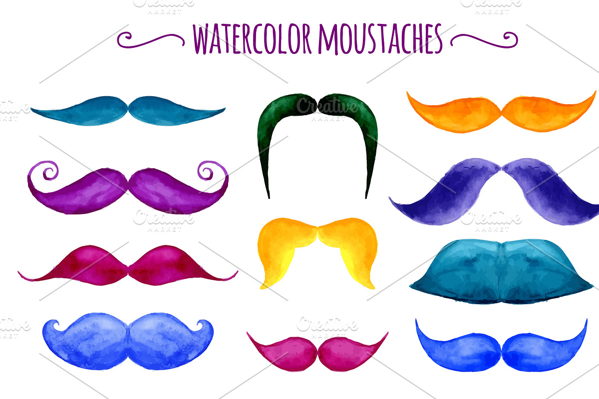 Watercolor vector moustaches in Illustrations - product preview 8