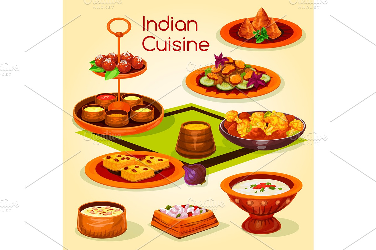 Indian cuisine lunch with dessert cartoon icon in Illustrations - product preview 8