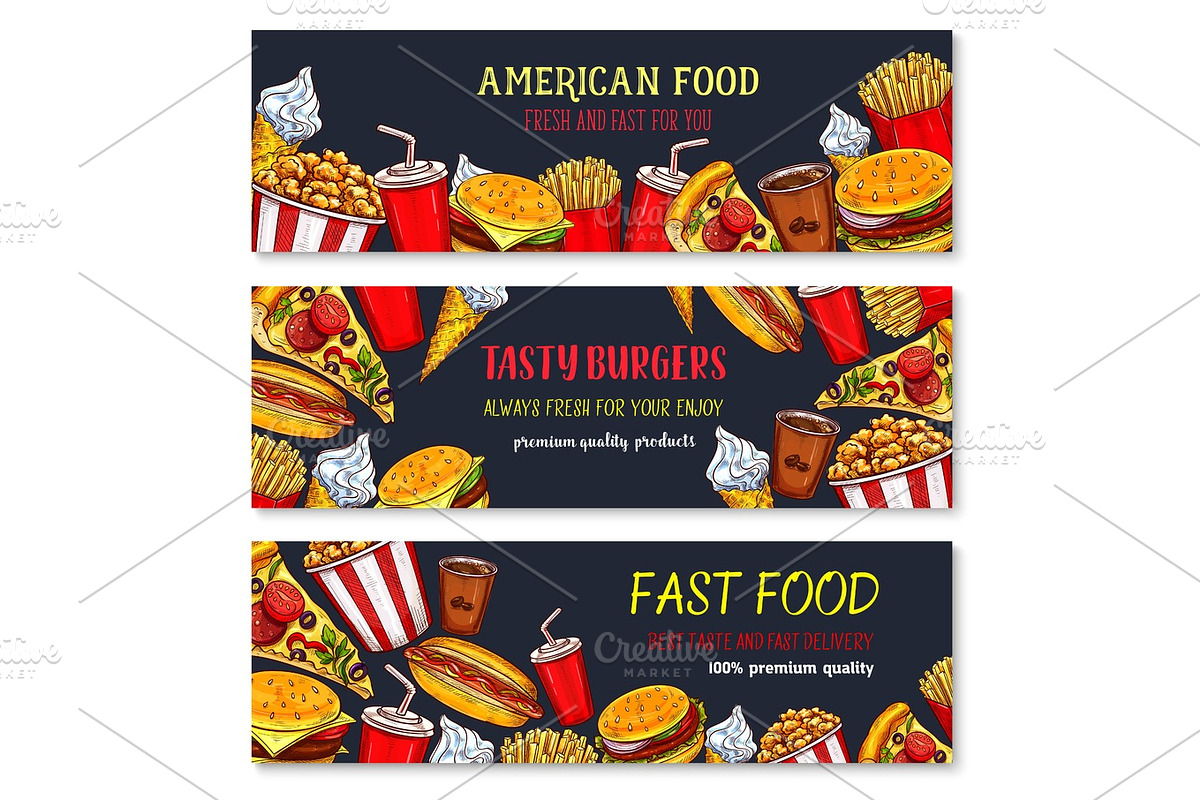 Vector banners fast food meal snacks and desserts in Illustrations - product preview 8