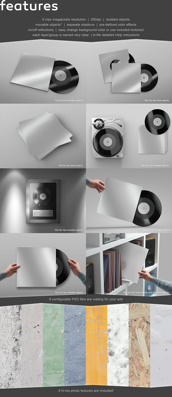 12'' Vinyl Record Mockup Set - 8 PSD in Product Mockups - product preview 1
