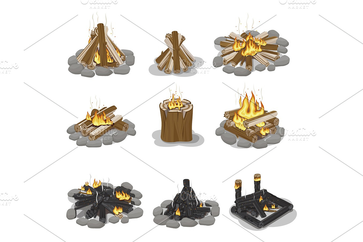 Burning Campfire Logs Collection Isolated on White in Illustrations - product preview 8