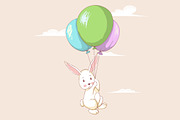 Cute hare flying with balloons