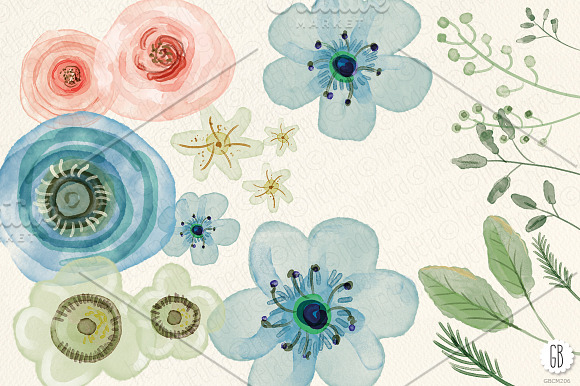 Watercolor flowers, ranunculus, rose in Illustrations - product preview 1