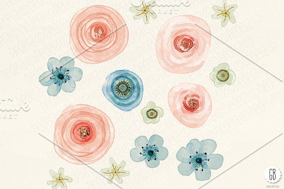 Watercolor flowers, ranunculus, rose in Illustrations - product preview 2