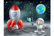 Cartoon astronaut and vintage space rocket on the moon