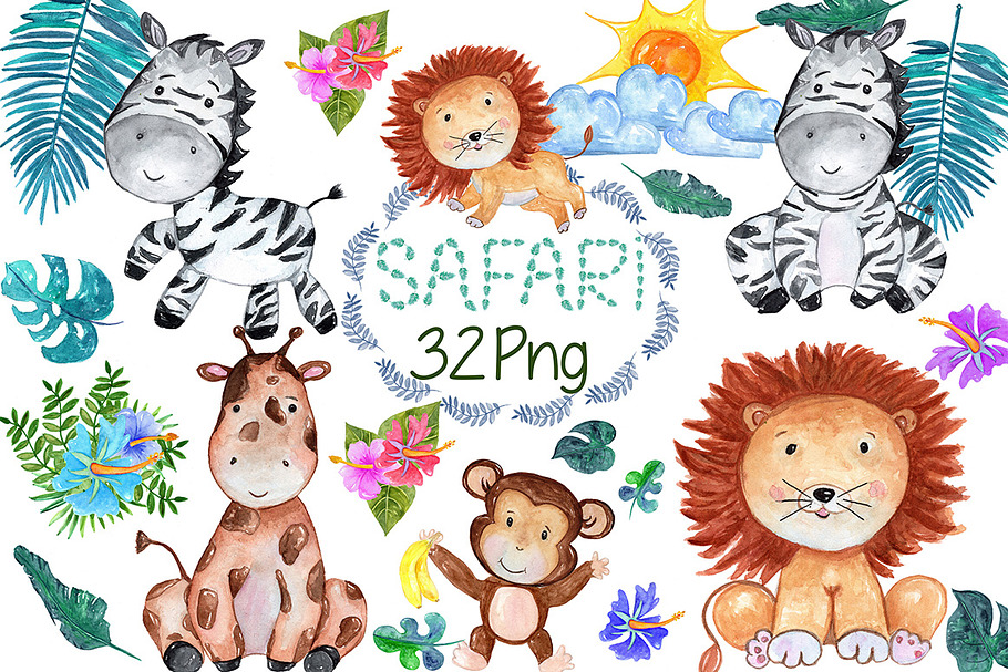 Watercolour Safari animals clip art in Illustrations - product preview 8