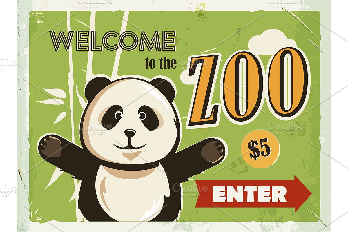 Grunge retro metal sign with panda. Welcome to the Zoo. Vintage poster. Road signboard. Old fashioned design. in Textures - product preview 8