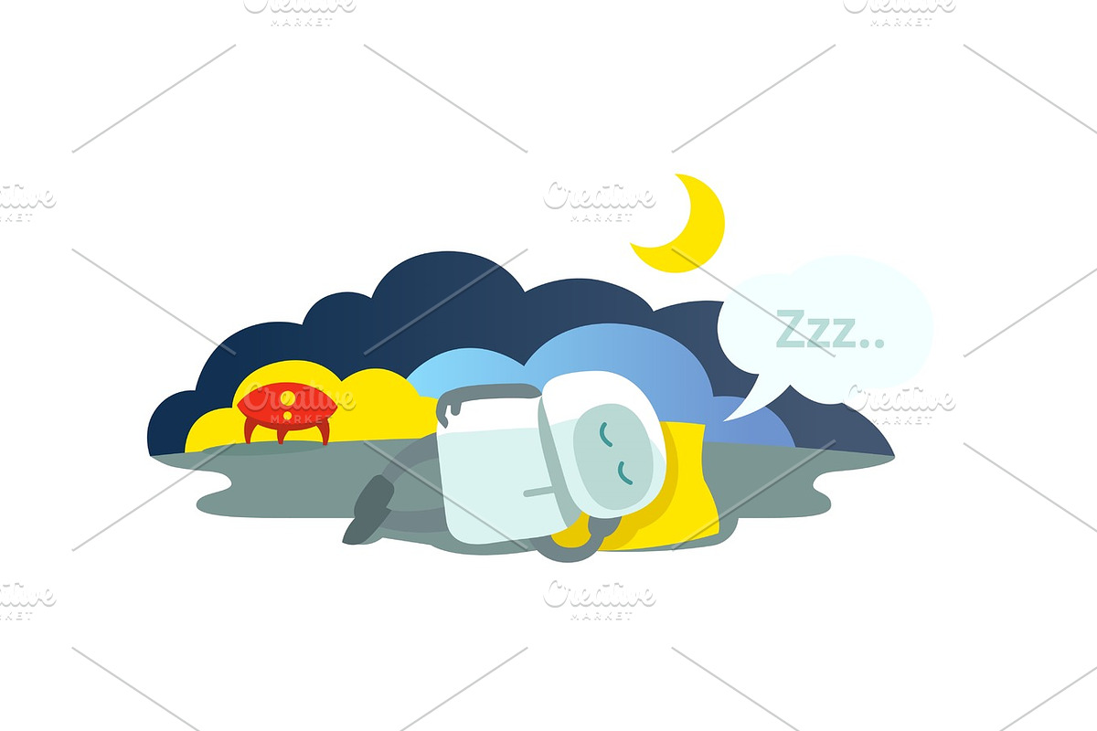 Small robot sleeps lying on pillow has arrived rocket and sleeping. Sleep mode Hibernation sitting. Mtaphor - closed. in Illustrations - product preview 8