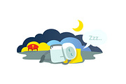 Small robot sleeps lying on pillow has arrived rocket and sleeping. Sleep mode Hibernation sitting. Mtaphor - closed.