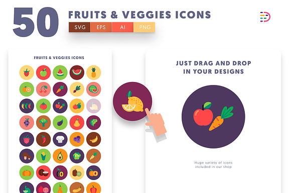 50 Fruits & Vegetable Icons in Graphics - product preview 1