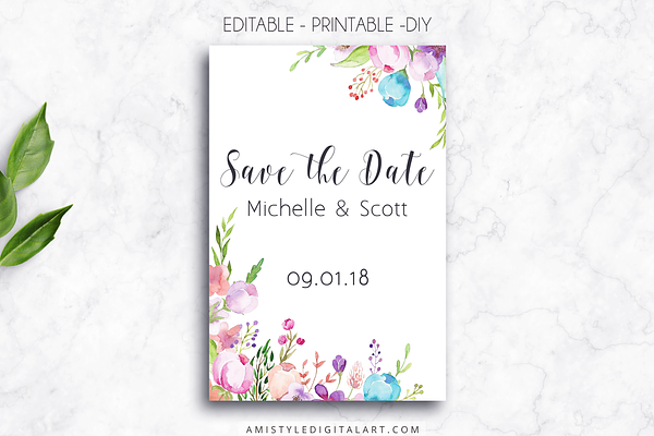 Printable Save The Date Card, Floral