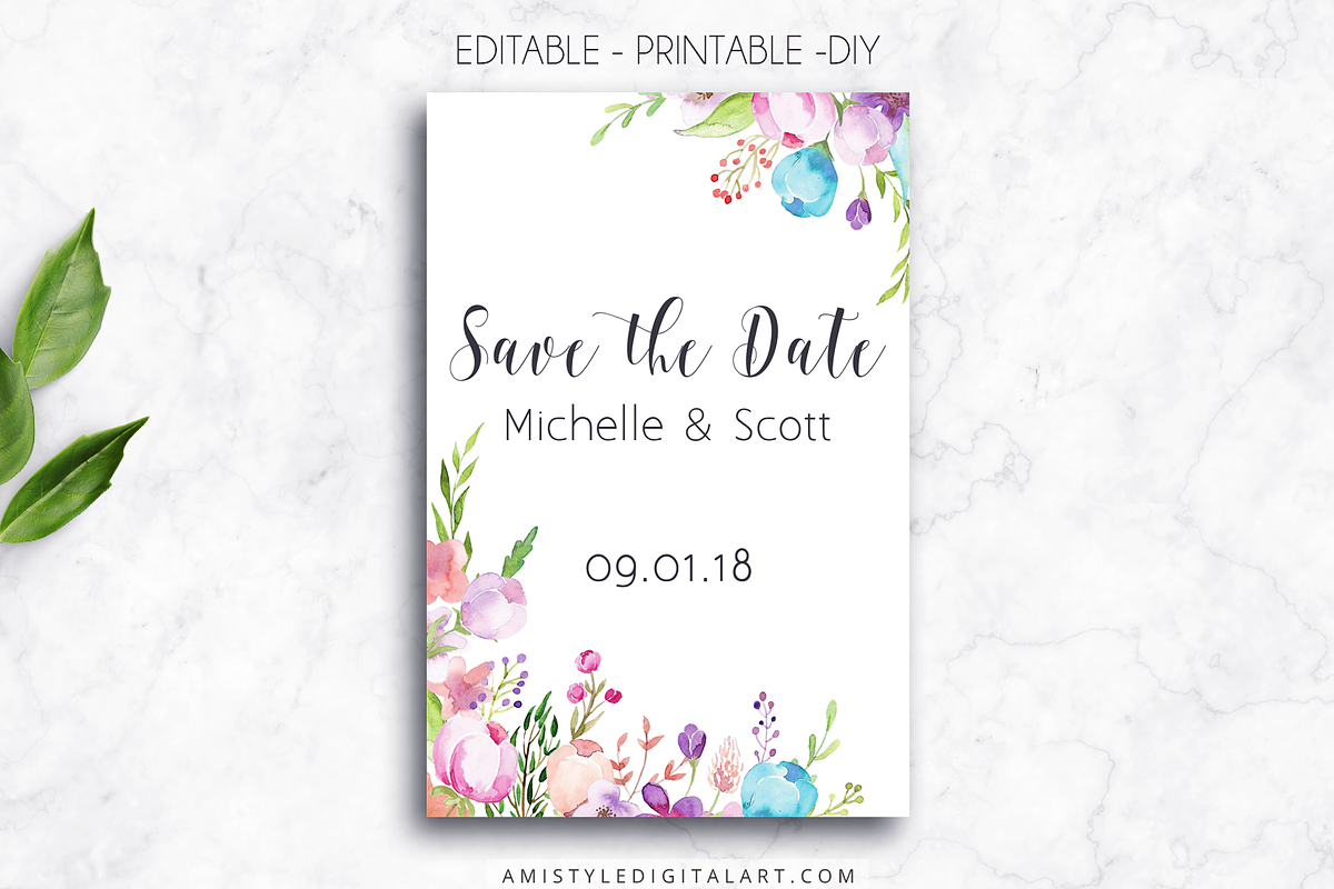 Printable Save The Date Card, Floral in Wedding Templates - product preview 8