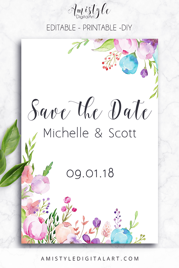 Printable Save The Date Card, Floral in Wedding Templates - product preview 4