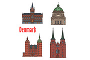 Travel landmark of Kingdom of Denmark icon set