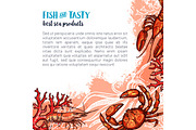 Fish and seafood sketch poster with sea animals