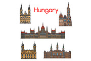 Hungarian travel landmark thin line icon set