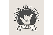 Surfing logo with shaka hand sign