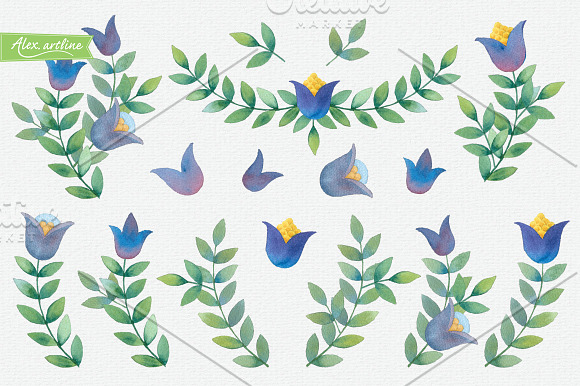 Watercolor Blue Flower in Illustrations - product preview 3