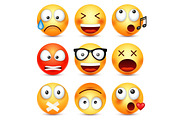 Smiley,emoticon set. Yellow face with emotions. Facial expression. 3d realistic emoji. Sad,happy,angry faces.Funny cartoon character.Mood. Web icon. Vector illustration.
