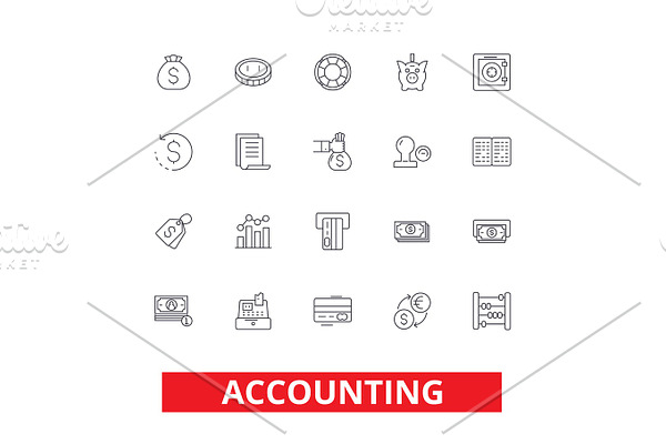 Accounting, business accountant, finance, bookkeeping, tax, audit, money line icons. Editable strokes. Flat design vector illustration symbol concept. Linear signs isolated on white background