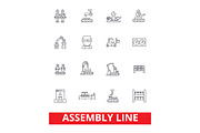 Assembly line, factory, industry, manufacturing plant, workers, conveyor line icons. Editable strokes. Flat design vector illustration symbol concept. Linear signs isolated on white background