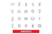 Awards, trophy, certificate, winner, ceremony, ribbon, medal, champion, prize line icons. Editable strokes. Flat design vector illustration symbol concept. Linear signs isolated on white background