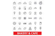 Bakery, cake, pastry, cookies, cafe, pie, chocolate, cooking, baking, dessert line icons. Editable strokes. Flat design vector illustration symbol concept. Linear signs isolated on white background