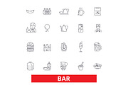 Bar, cafe, beer, pub, drinking, eating, restaurant, cocktail, party, fast food line icons. Editable strokes. Flat design vector illustration symbol concept. Linear signs isolated on white background