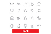 Cafe, coffee shop, street restaurant, cafeteria, lunch, dinner, eating, menu line icons. Editable strokes. Flat design vector illustration symbol concept. Linear signs isolated on white background