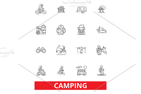 Camping, family travel, activity, hiking, camper, adventure, tourism, vacation line icons. Editable strokes. Flat design vector illustration symbol concept. Linear signs isolated on white background