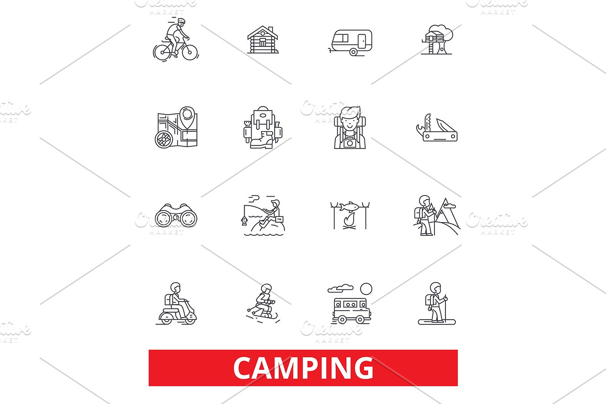 Camping, family travel, activity, hiking, camper, adventure, tourism, vacation line icons. Editable strokes. Flat design vector illustration symbol concept. Linear signs isolated on white background in Icons - product preview 8