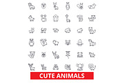 Cute funny puppy baby animals, cat, dog, owl, monkey, rabbit, fish, teddy bear line icons. Editable strokes. Flat design vector illustration symbol concept. Linear signs isolated on white background