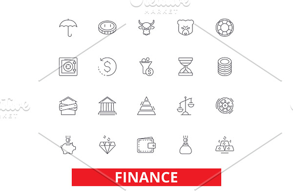 Finance, save money, investor, cash, bank, investment, accounting, bookkeeping line icons. Editable strokes. Flat design vector illustration symbol concept. Linear signs isolated on white background
