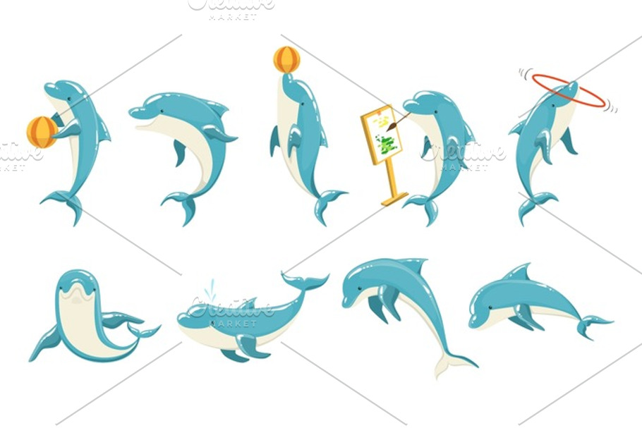Bottlenose Dolphin Performing Tricks Set of Illustrations