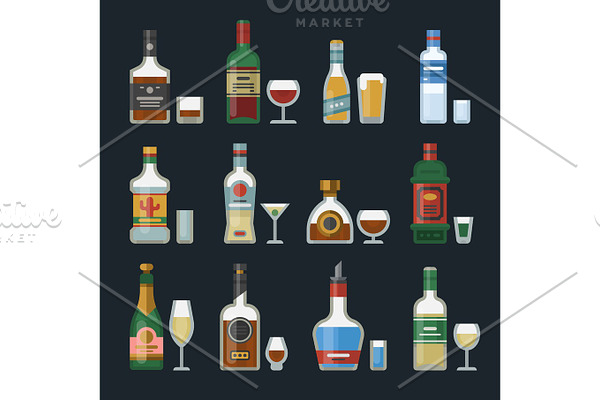 Alcohol strong drinks in bottles cocktail glasses whiskey cognac brandy beer champagne wine vector illustration
