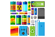 Battery electricity charge technology and accumulator alkaline powered energy elements vector illustration