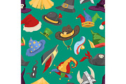 Different funny holiday carnival hats for party masquerade celebration traditional vector illustration background seamless pattern