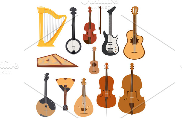 Stringed musical instruments classical orchestra tool equipment vector illustration isolated on white